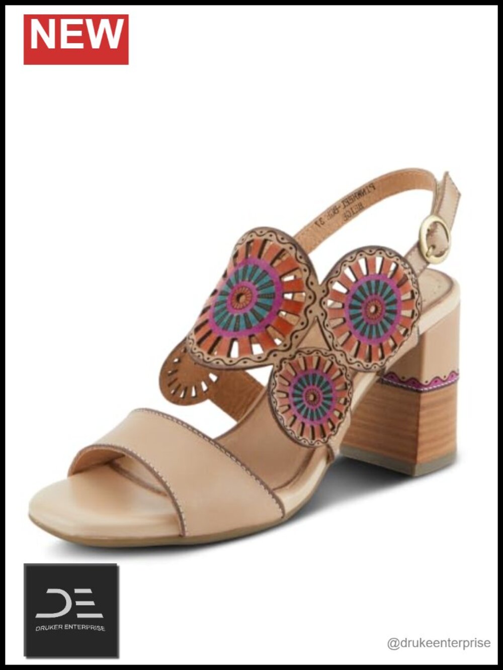 Hand-Painted Heeled Sandals with Leather Strap and Stacked Heel